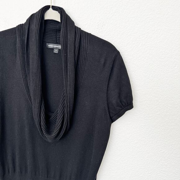 [Express] Black Cowl Neck Ribbed Knit Short Sleeve Sweater Top Size Medium M - Picture 3 of 9